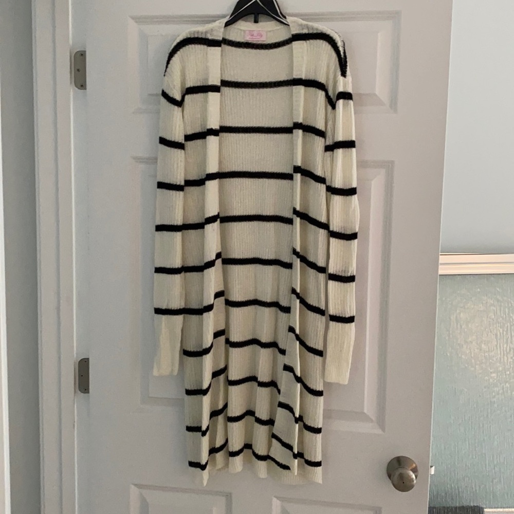 Pink Lily black and cream stripped long cardigan
